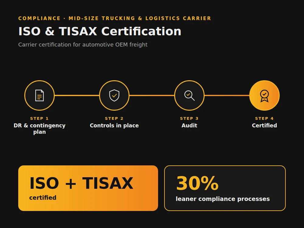 ISO and TISAX certification timeline: DR and contingency plan, controls in place, audit, certified. Compliance processes 30% leaner.